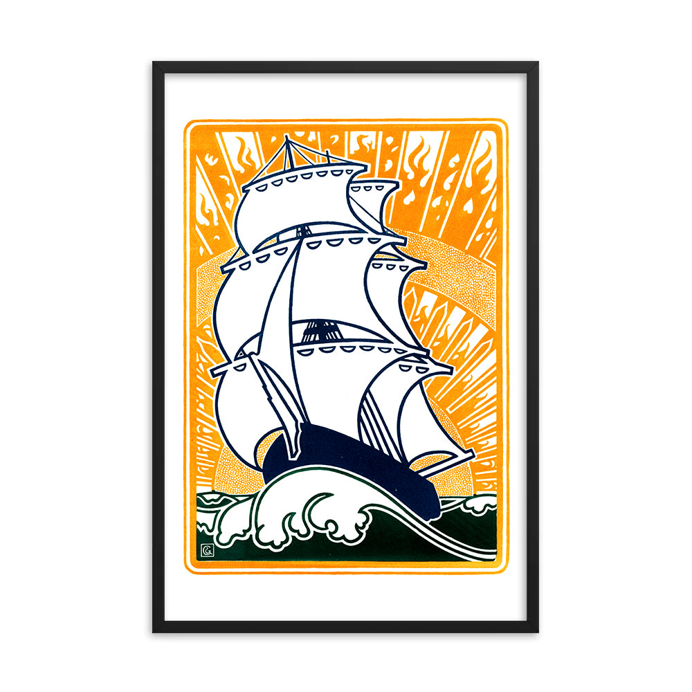 Großes Segelschiff vor Sonne am Horizont